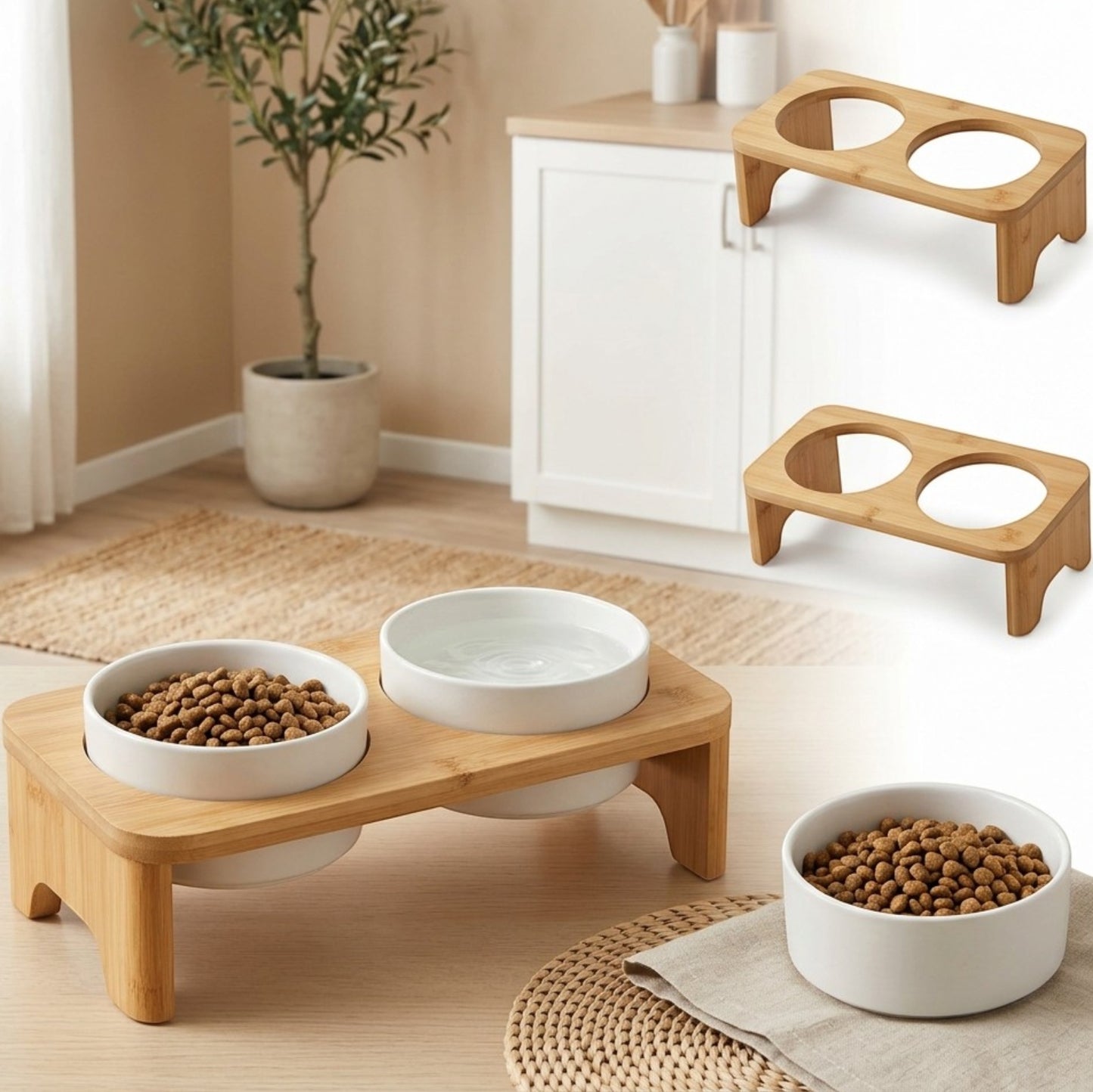 Ympuf Elevated Ceramic Pet Bowl Stand 2-Pack White Bamboo