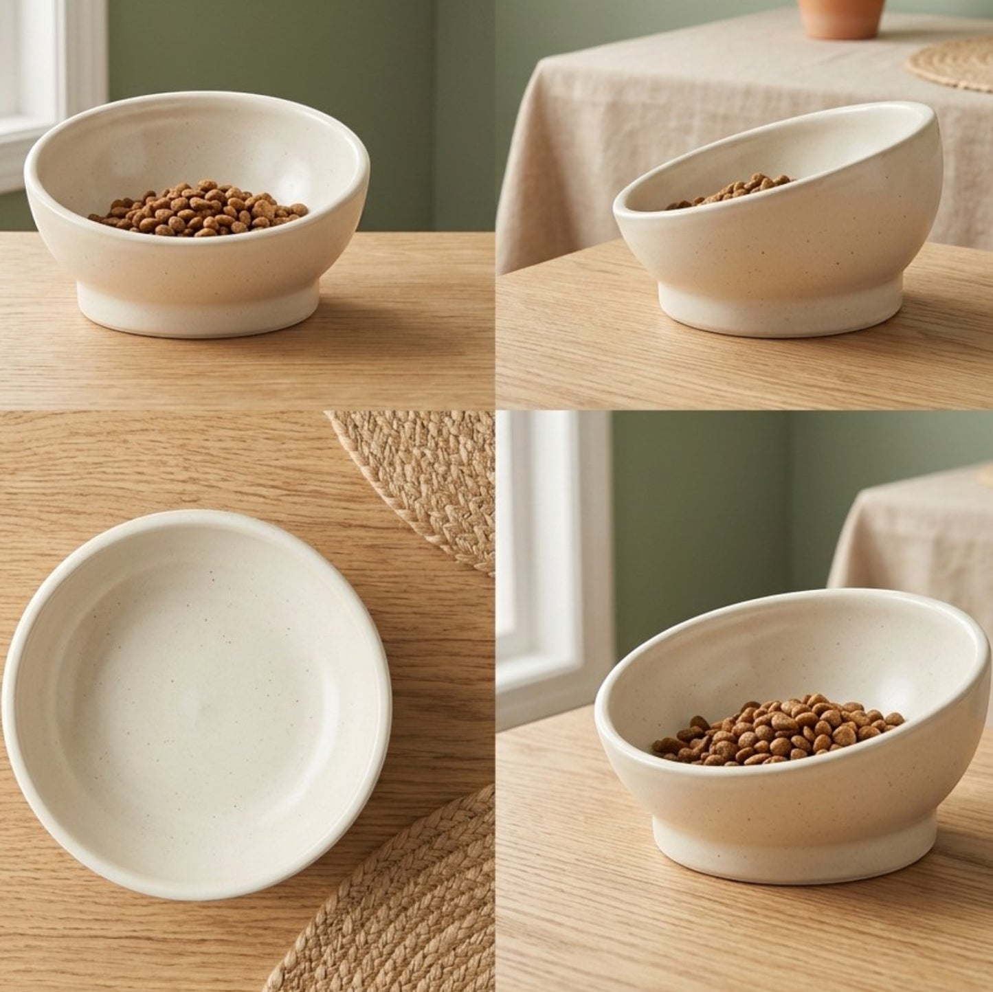 Ympuf Tilted Cat Food Bowl Anti-Spill Ceramic 12 oz Cream
