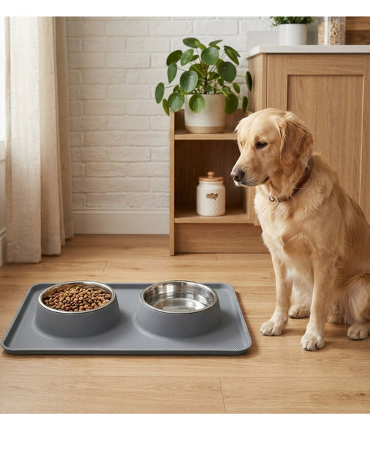 Ympuf Double Pet Bowl Silicone Mat Set 20 oz Gray