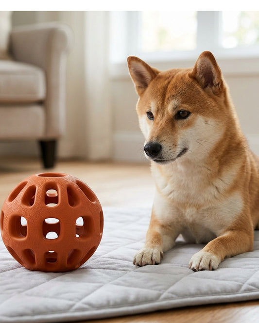 Ympvf Rollport Natural Rubber Treat Ball 3.1 in Burnt Orange - Lifestyle view