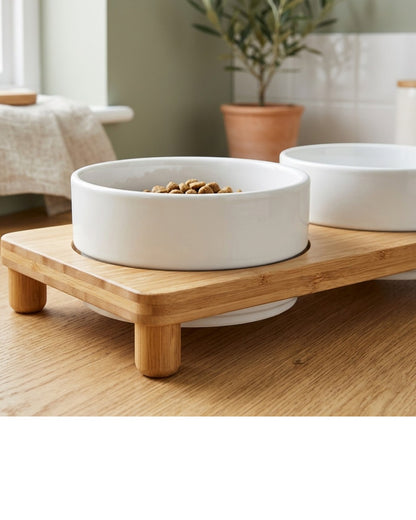 Ympuf Elevated Ceramic Pet Bowl Stand 2-Pack White Bamboo