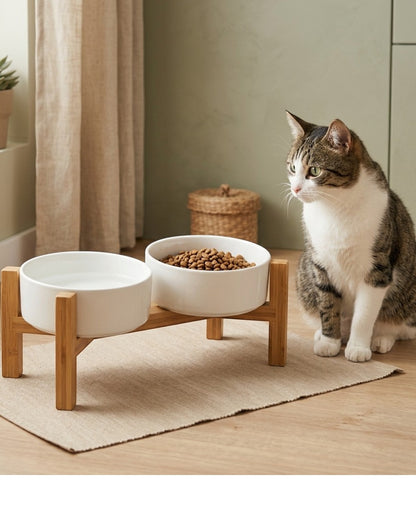 Ympuf Elevated Ceramic Pet Bowl Stand 2-Pack White Bamboo