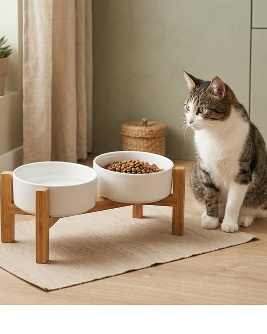 Ympuf Elevated Ceramic Pet Bowl Stand 2-Pack White Bamboo