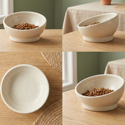 Ympuf Tilted Cat Food Bowl Anti-Spill Ceramic 12 oz Cream