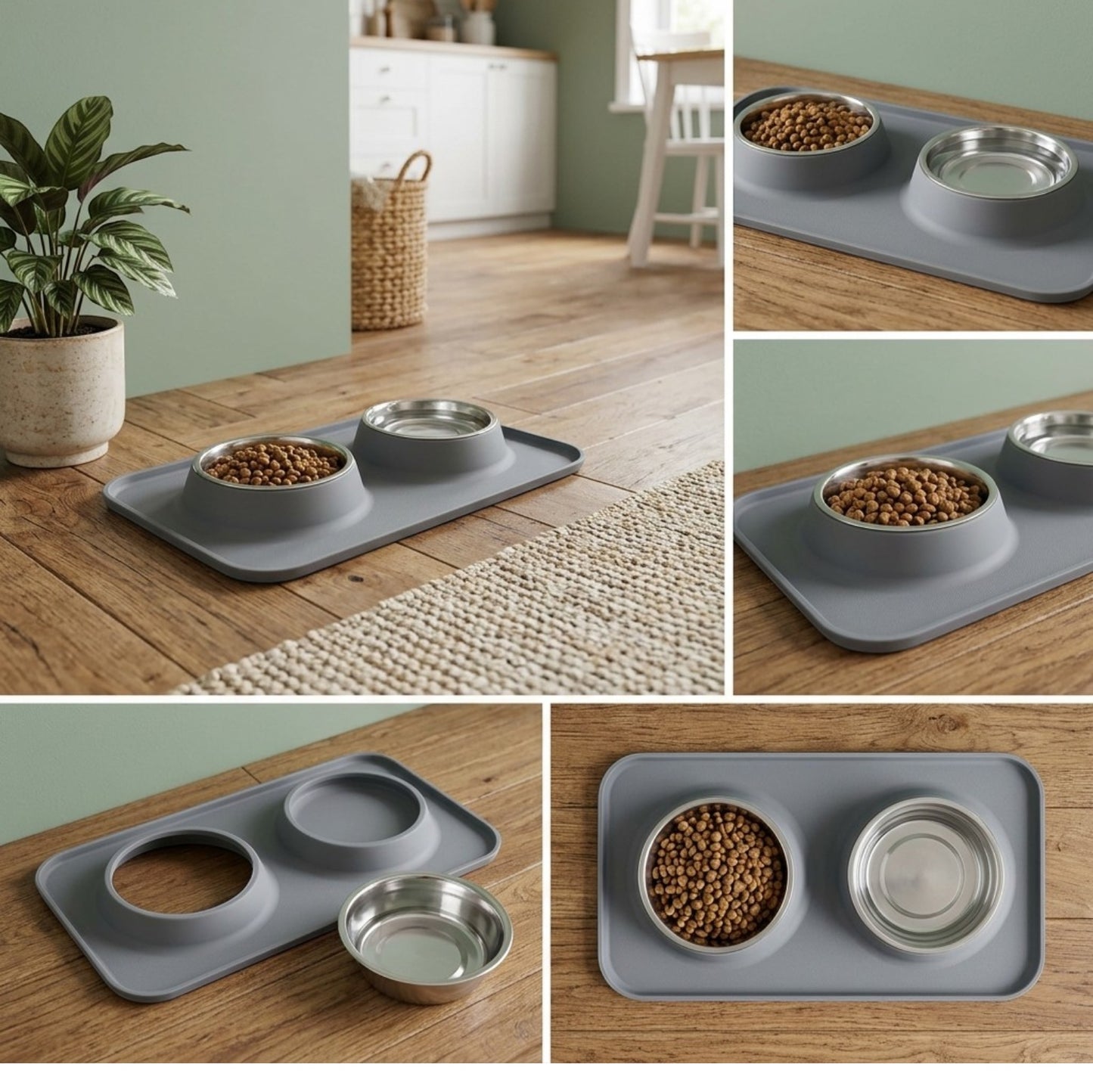 Ympuf Double Pet Bowl Silicone Mat Set 20 oz Gray